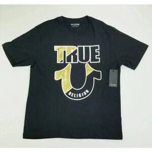 True Religion Size 2XL Men's Black Gold Horseshoe Logo Short Sleeve Cotton Tee